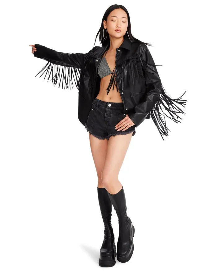 Steve Madden Fringe Jacket Black Womens Jackets and Coats