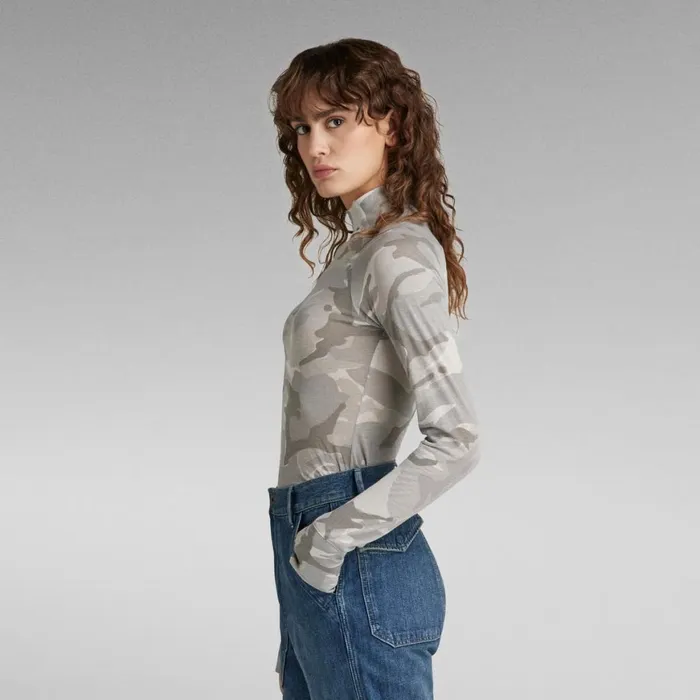 Tops and Tshirts Women GStar RAW Allover Printed Turtle Neck Top Slim Cool Grey Woodland Camo