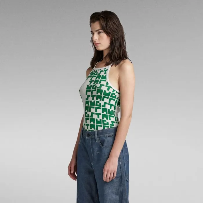 Tops and Tshirts Women GStar RAW Printed Tank Top Cropped Ultra Slim Oyster Mushroomjolly Green Tetris