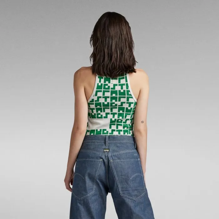 Tops and Tshirts Women GStar RAW Printed Tank Top Cropped Ultra Slim Oyster Mushroomjolly Green Tetris