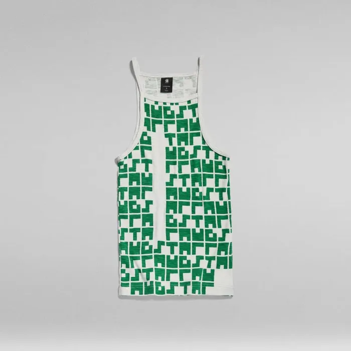 Tops and Tshirts Women GStar RAW Printed Tank Top Cropped Ultra Slim Oyster Mushroomjolly Green Tetris