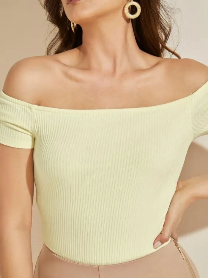 Tops And Sweaters Women Marciano Eco Angie OfftheShoulder Bodysuit Cornsilk Tops And Sweaters Women Marciano Eco Angie OfftheShoulder Bodysuit Cornsilk