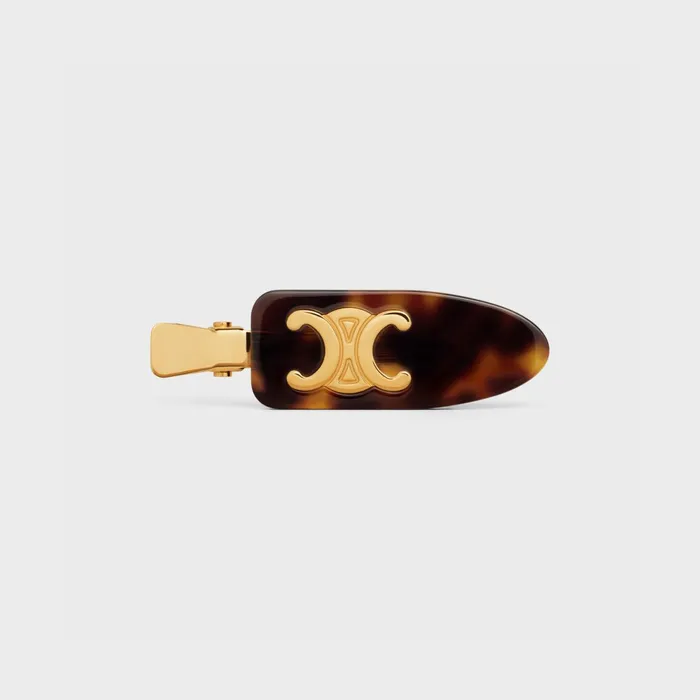 Triomphe Flat Hair Clip In Dark Havana Acetate And Brass With Gold Finish And Steel Dark Havana Gold Women CELINE HAIR ACCESSORIES