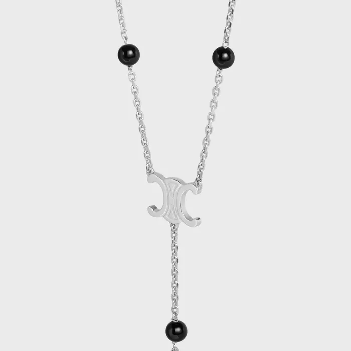 Triomphe Long Necklace In Brass With Rhodium Finish And Onyx Silver Black Men CELINE NECKLACES Triomphe Long Necklace In Brass With Rhodium Finish And Onyx Silver Black Men CELINE NECKLACES