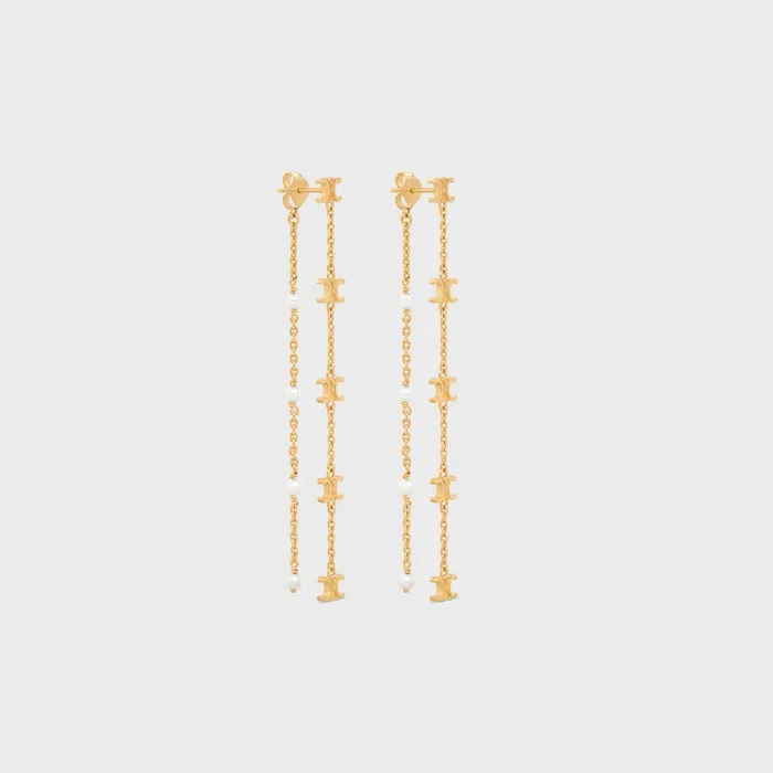 Triomphe Long Pearl Earrings In Brass With Gold Finish And Resin Pearls Gold Ivory Women CELINE TRIOMPHE Triomphe Long Pearl Earrings In Brass With Gold Finish And Resin Pearls Gold Ivory Women CELINE TRIOMPHE
