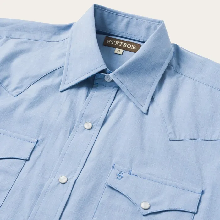 Western Shirts Men Stetson Blue End On End Solid Shirt Blue