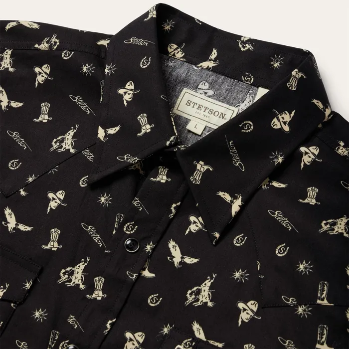 Western Shirts Men Stetson Conversation Print Western Shirt Black