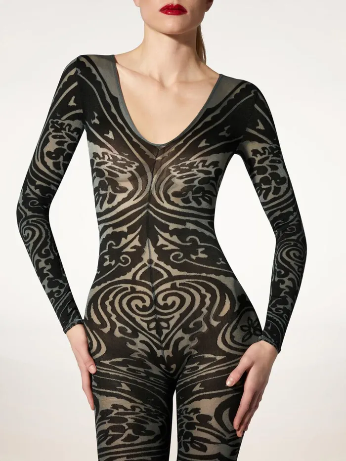 Wolford Paisley Tattoo Catsuit Greyblack Women Trousers and Jumpsuits