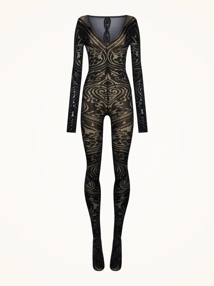 Wolford Paisley Tattoo Catsuit Greyblack Women Trousers and Jumpsuits