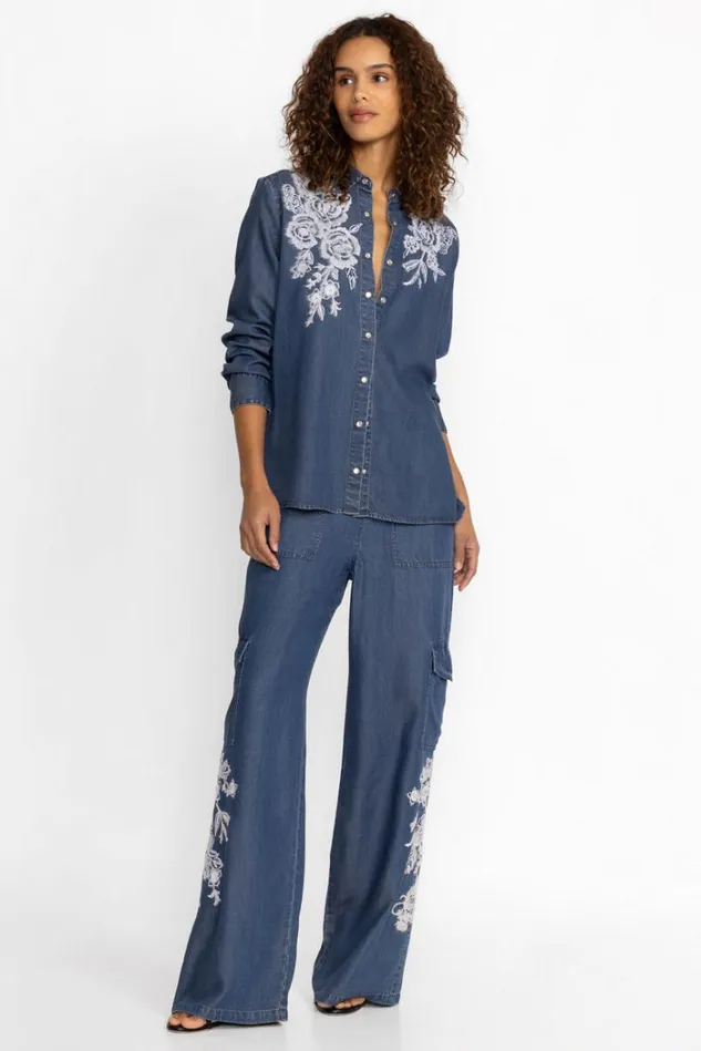 Women ALICENT DENIM CARGO PANT Denim Johnny Was Bottoms
