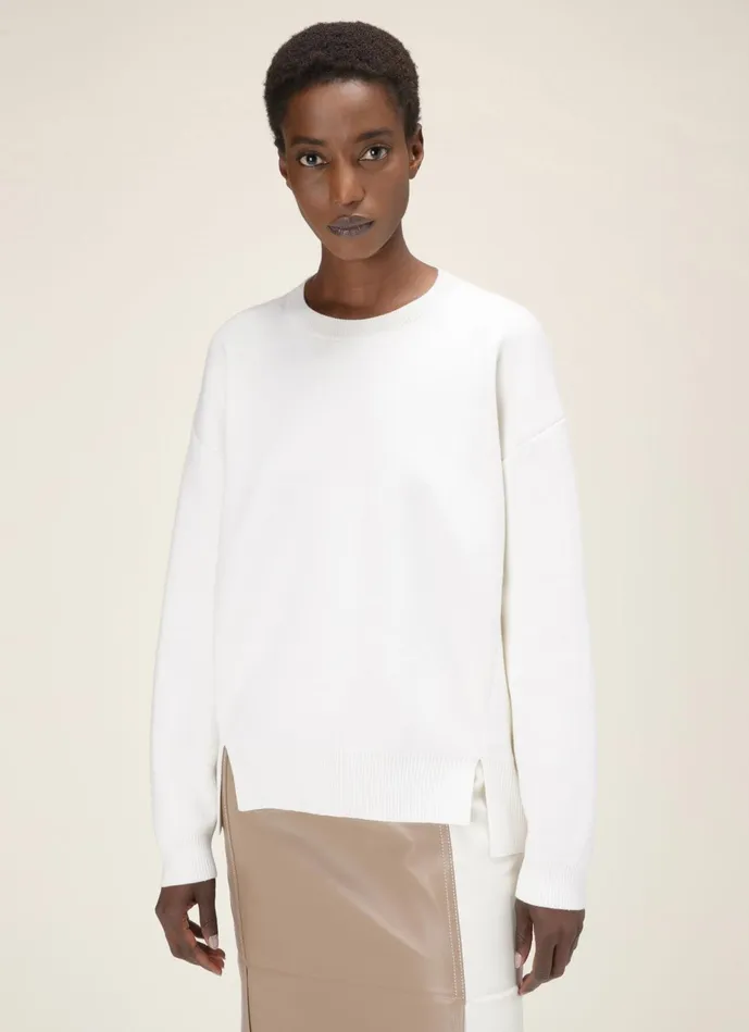 Women Bally Knitwear Crew Neck Sweater 8211 Wool Top In Bone