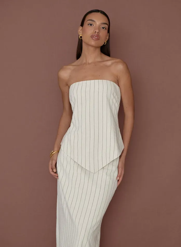 Women Beige Striped Linen Bandeau Top Alai 4th and Reckless Tops