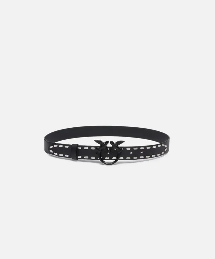 Women Belts Pinko Leather Belt With Metal Studs 3 Cm Limo Black Block Colour