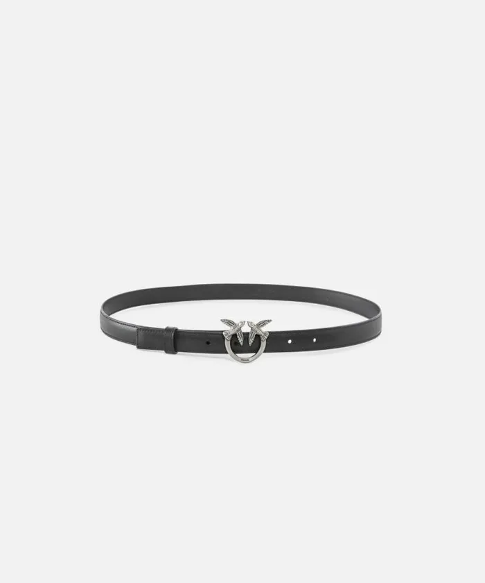 Women Belts Pinko Love Birds Thin Leather Belt 2cm Blackold Silver