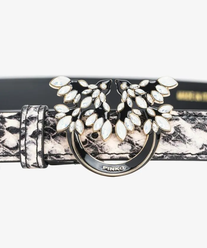 Women Belts Pinko PINKO Galleria Thin 2cm Reptileprint Belt With Love Birds Buckle Whiteblacklightgold