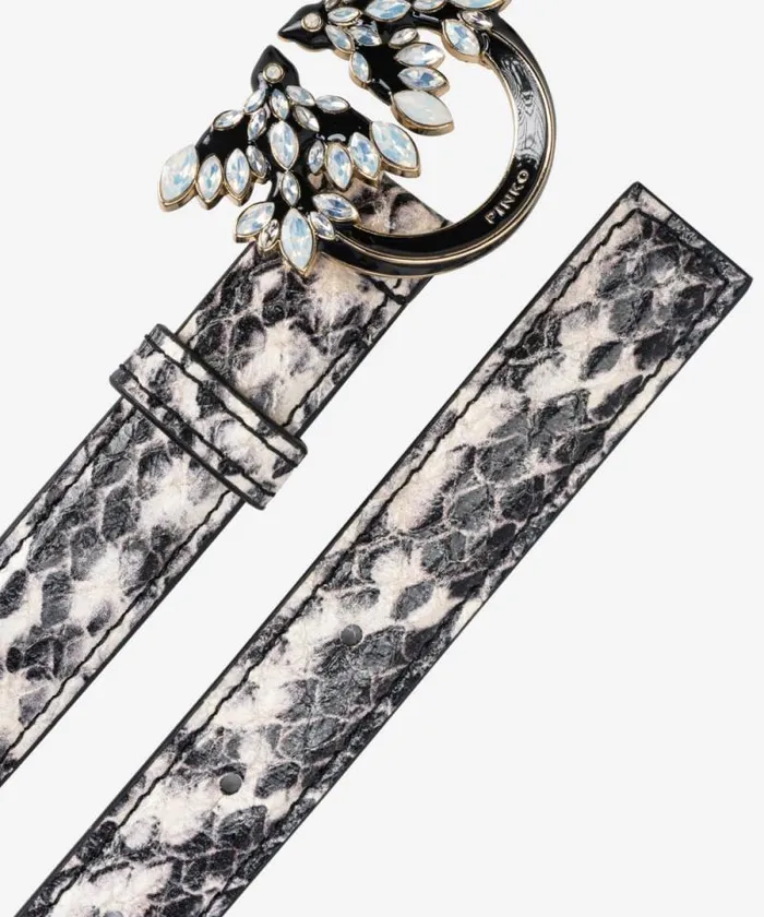 Women Belts Pinko PINKO Galleria Thin 2cm Reptileprint Belt With Love Birds Buckle Whiteblacklightgold