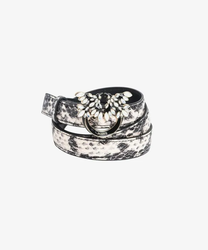 Women Belts Pinko PINKO Galleria Thin 2cm Reptileprint Belt With Love Birds Buckle Whiteblacklightgold
