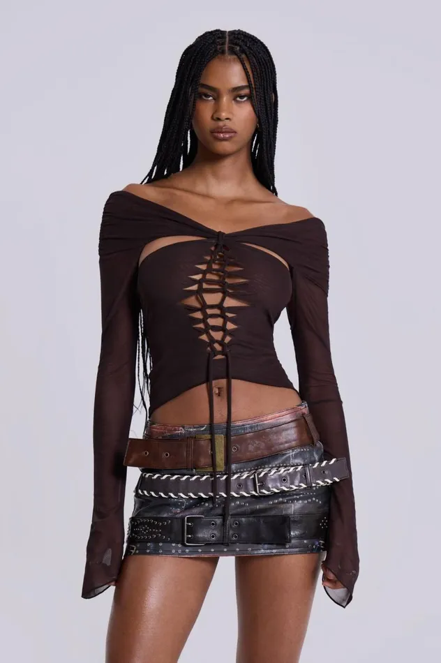 Women Bianca Macrame Off Shoulder Mesh Top Jaded London Long Sleeve Tops