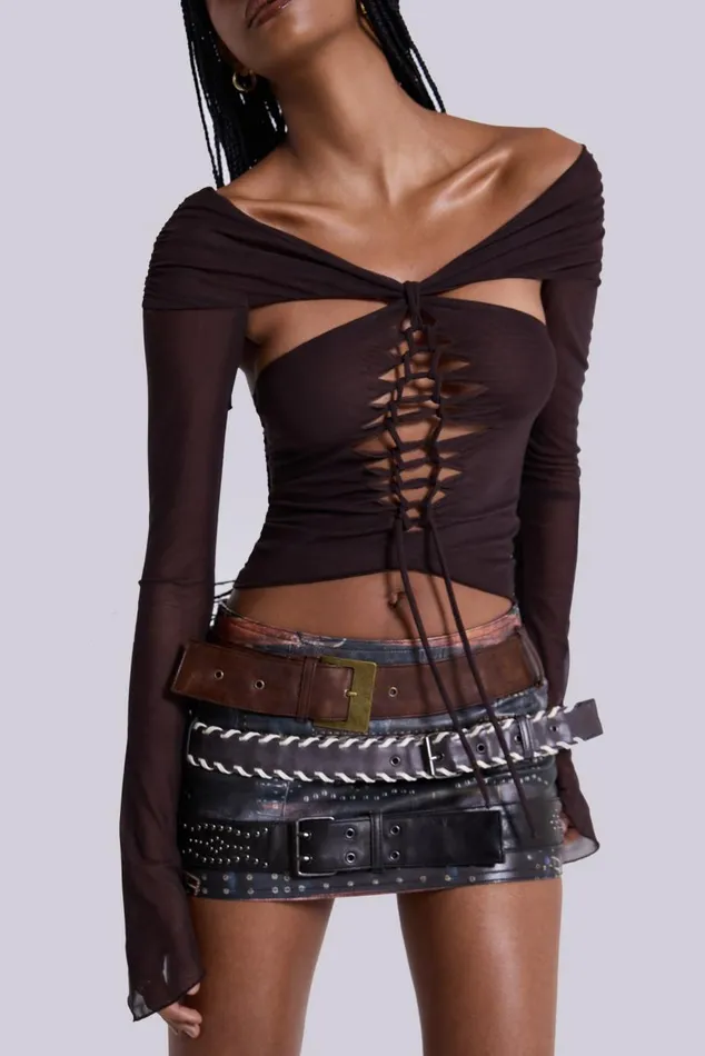 Women Bianca Macrame Off Shoulder Mesh Top Jaded London Long Sleeve Tops
