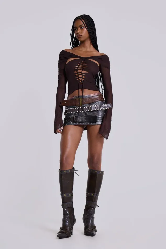 Women Bianca Macrame Off Shoulder Mesh Top Jaded London Long Sleeve Tops
