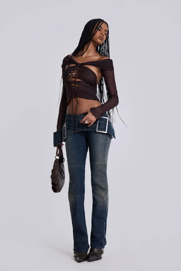 Women Bianca Macrame Off Shoulder Mesh Top Jaded London Long Sleeve Tops