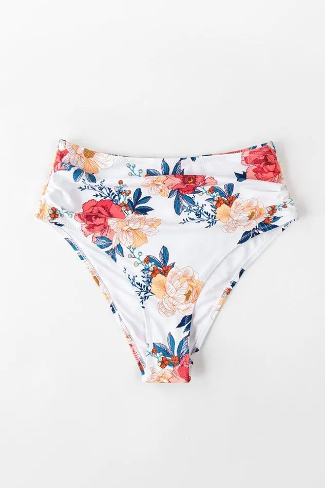 Women Bikini Bottoms Cupshe White Floral Shirring High Waisted Bikini Bottom Multicolor