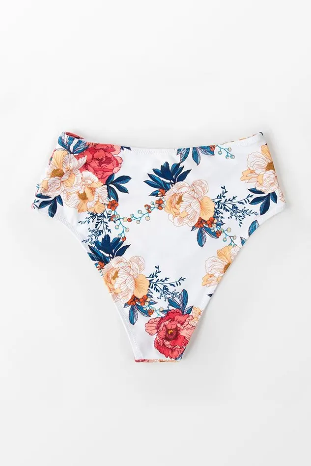 Women Bikini Bottoms Cupshe White Floral Shirring High Waisted Bikini Bottom Multicolor