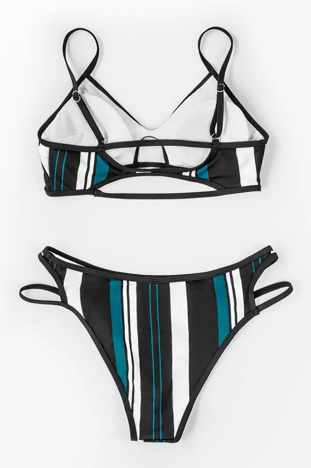 Women Bikini Sets Cupshe Blue White And Black Striped Bikini Multicolor