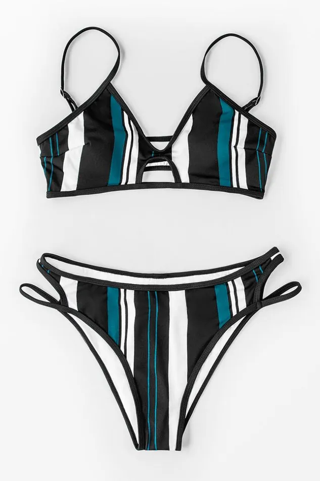 Women Bikini Sets Cupshe Blue White And Black Striped Bikini Multicolor