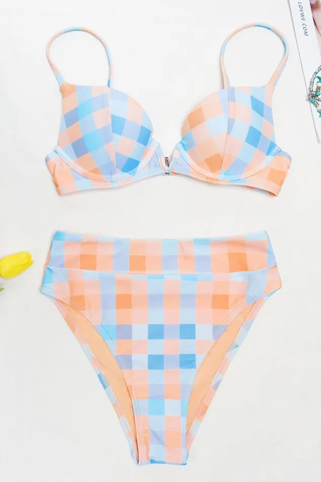 Women Bikini Sets Cupshe Jaida Checkered V Wired Underwire High Waist Bikini Multicolor