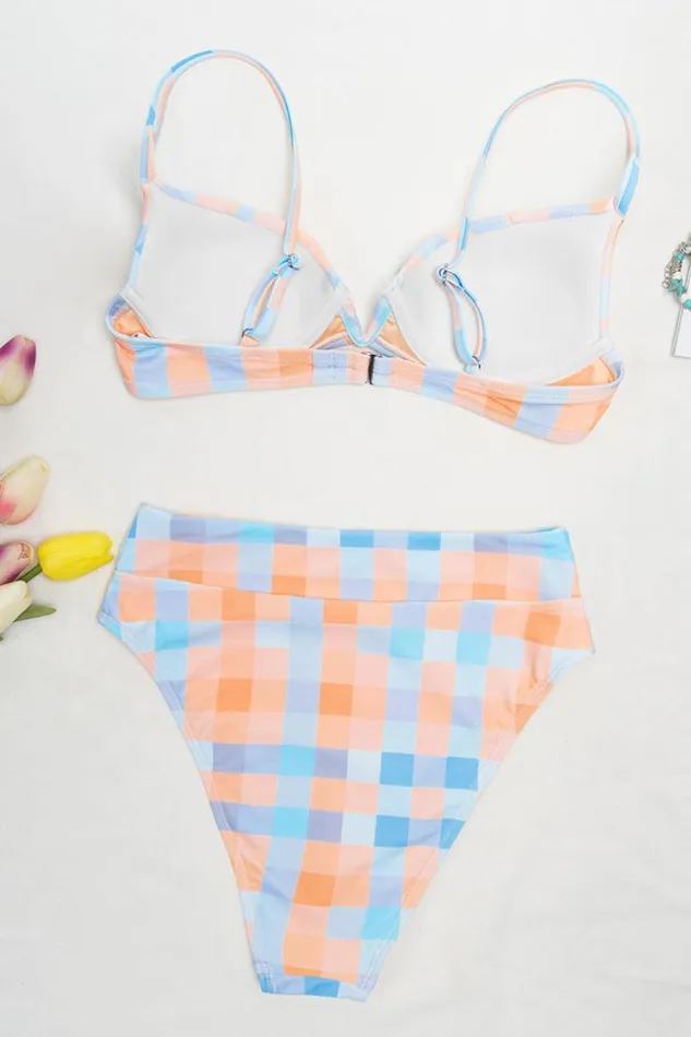 Women Bikini Sets Cupshe Jaida Checkered V Wired Underwire High Waist Bikini Multicolor