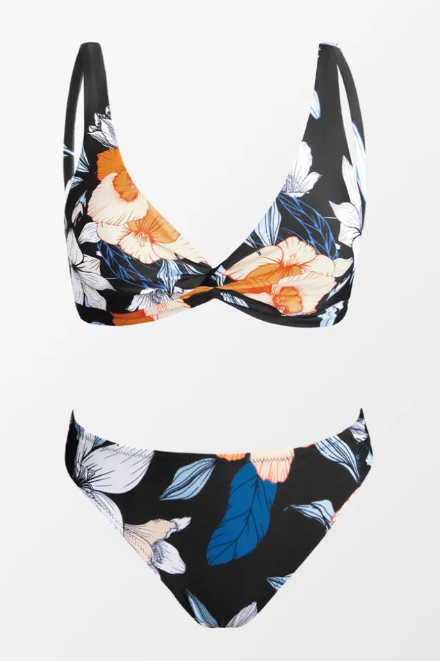 Women Bikini Sets Cupshe Midnight Flowers Twist Front Bralette And Hipster Bikini Set Multicolor
