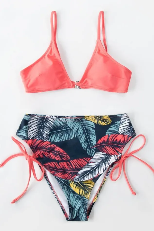 Women Bikini Sets Cupshe Pink And Leafy Triangle High Waisted Bikini Multicolor