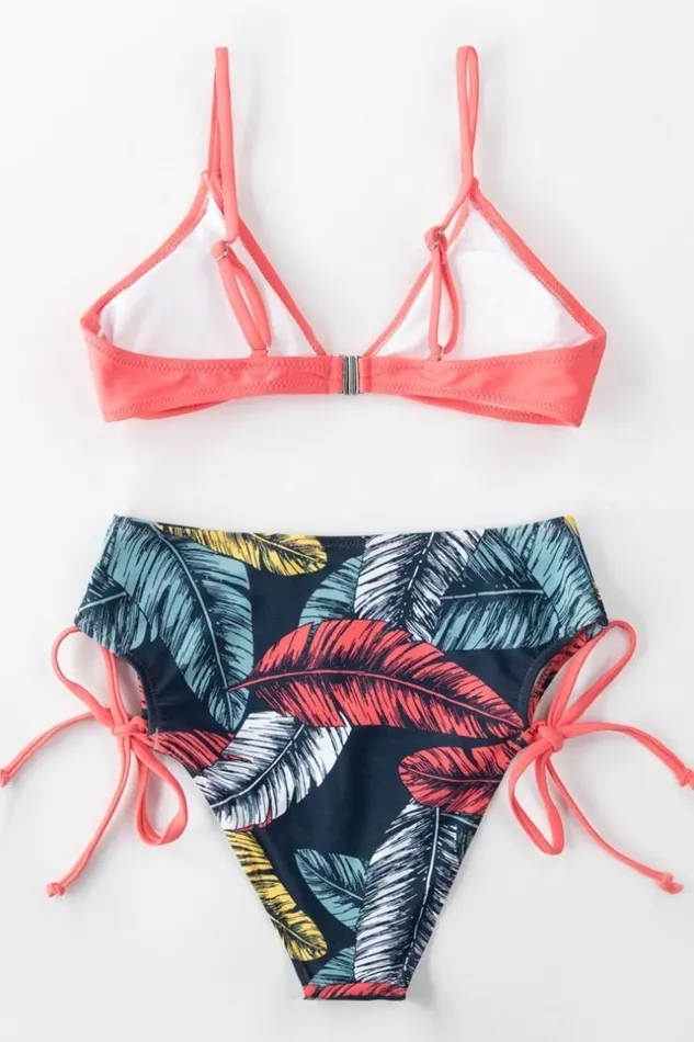 Women Bikini Sets Cupshe Pink And Leafy Triangle High Waisted Bikini Multicolor