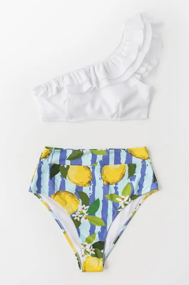 Women Bikini Sets Cupshe White And Lemon One Shoulder Bikini Multicolor
