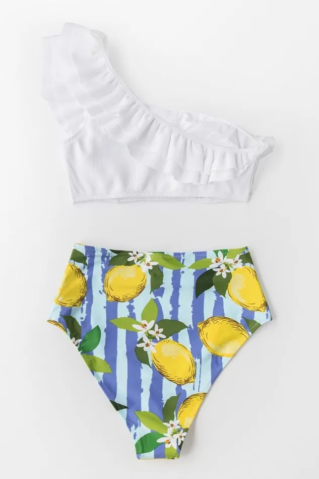 Women Bikini Sets Cupshe White And Lemon One Shoulder Bikini Multicolor