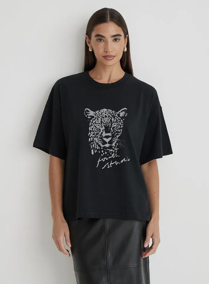 Women Black Acid Wash Leopard Motif TShirt Leo 4th and Reckless Athleisure