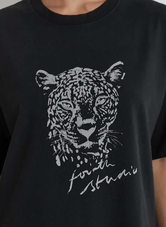 Women Black Acid Wash Leopard Motif TShirt Leo 4th and Reckless Athleisure