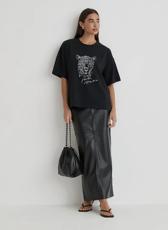 Women Black Acid Wash Leopard Motif TShirt Leo 4th and Reckless Athleisure