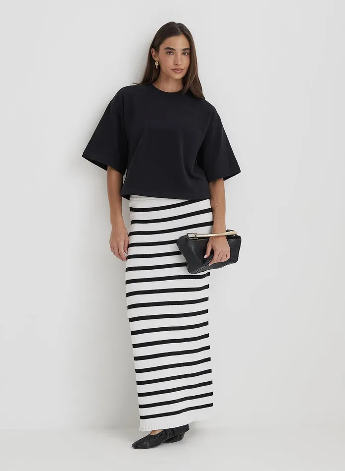 Women Black And White Stripe Knit Maxi Skirt Rico 4th and Reckless Knitwear