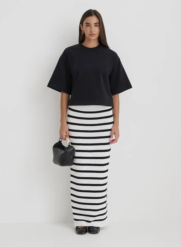 Women Black And White Stripe Knit Maxi Skirt Rico 4th and Reckless Knitwear