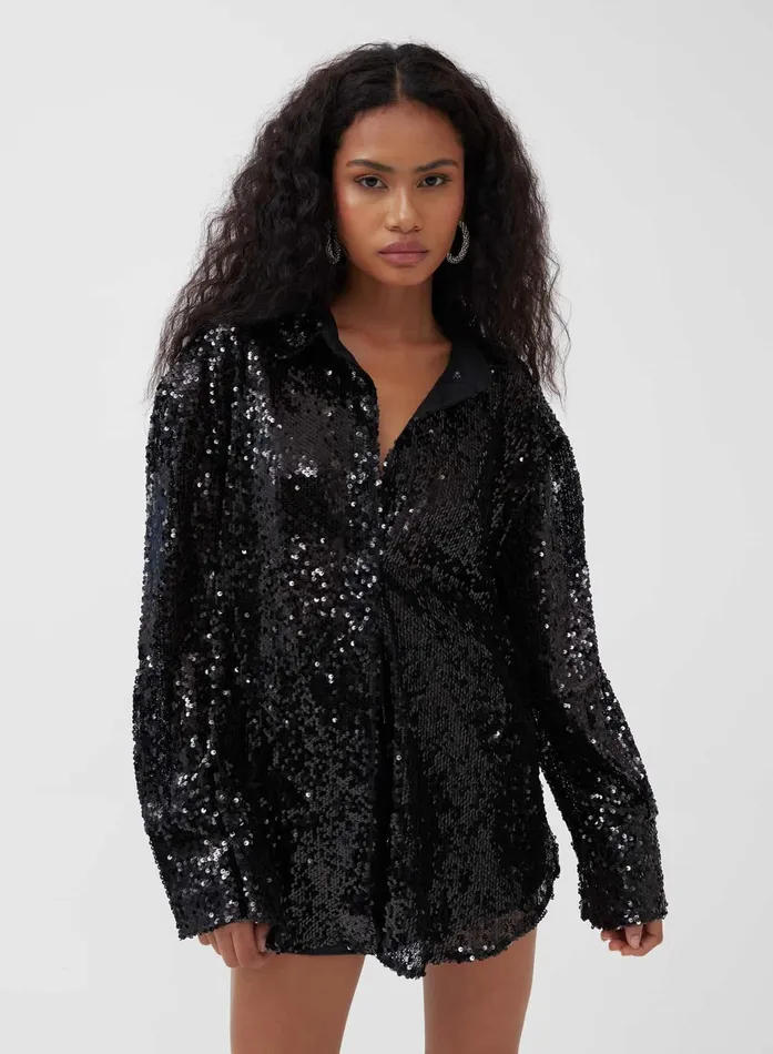 Women Black Oversized Sequin Shirt 8211 Zoey 4th and Reckless Tops