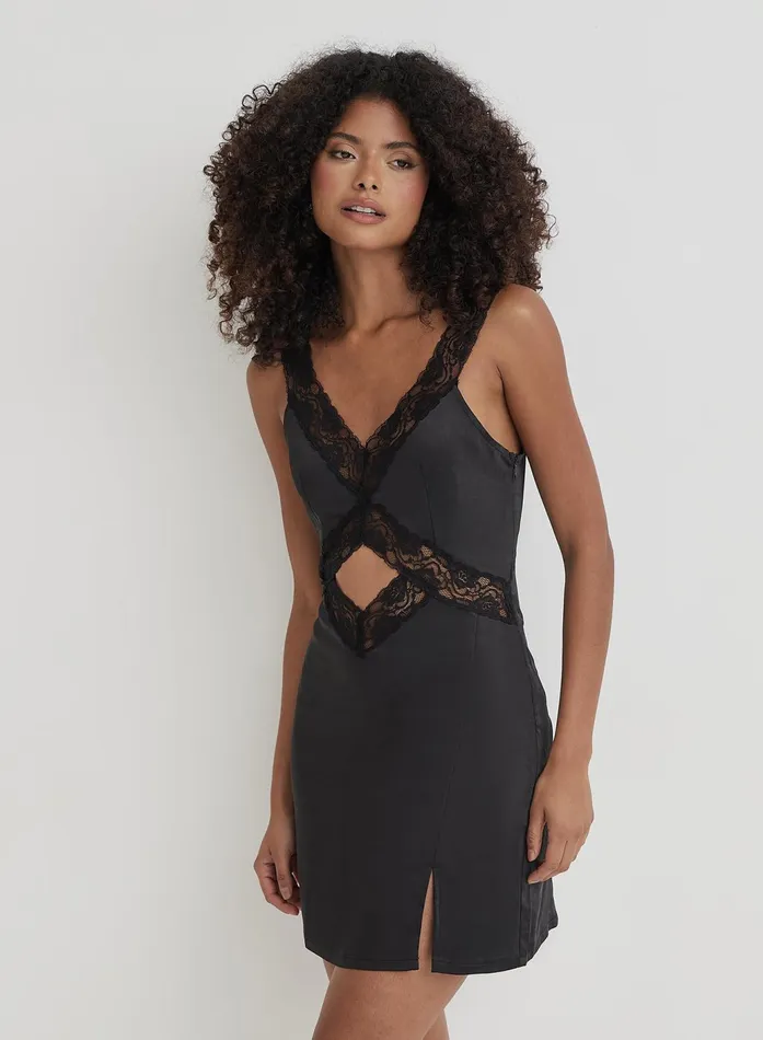 Women Black Satin Lace Slip Mini Dress Milah 4th and Reckless Dresses