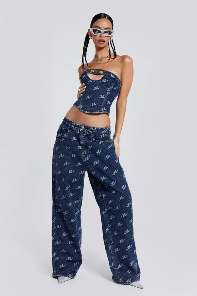 Women Blue Monogram Embossed Logo Baggy Jeans Jaded London CoOrds