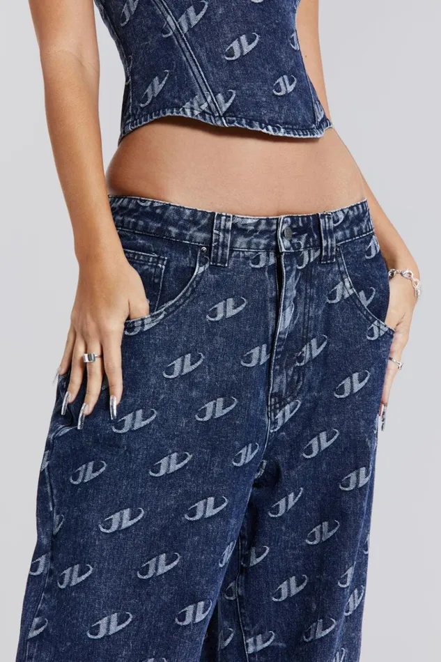 Women Blue Monogram Embossed Logo Baggy Jeans Jaded London CoOrds