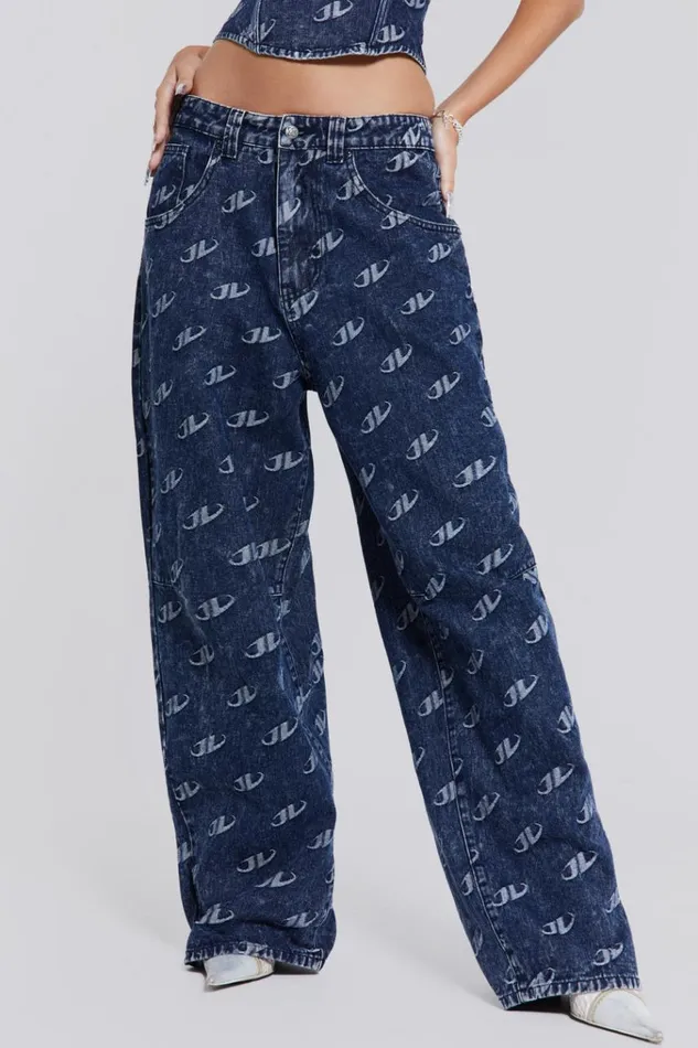 Women Blue Monogram Embossed Logo Baggy Jeans Jaded London CoOrds