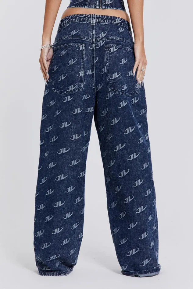 Women Blue Monogram Embossed Logo Baggy Jeans Jaded London CoOrds