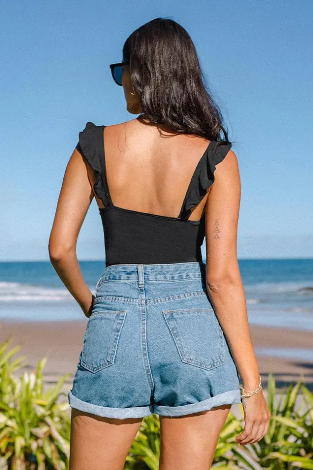 Women Bodysuits Cupshe Jaylin Square Neck Middlecut Ruffled Bodysuit Black
