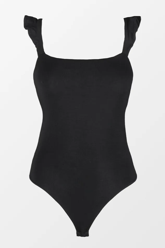 Women Bodysuits Cupshe Jaylin Square Neck Middlecut Ruffled Bodysuit Black