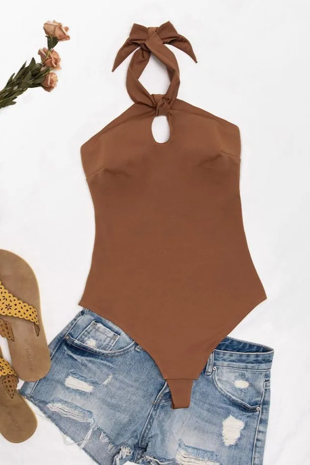 Women Bodysuits Cupshe Kinsley Halter Keyhole Bodysuit Brown